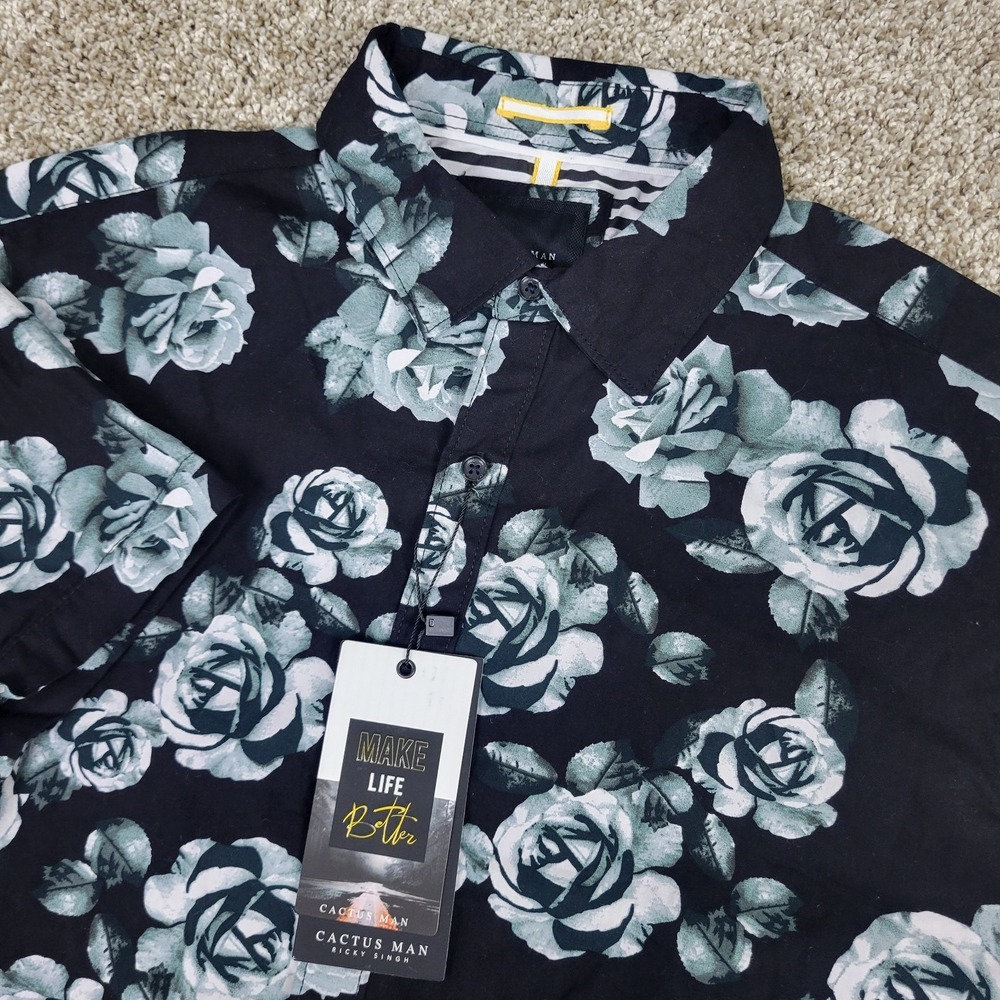 NWT Cactus Man Ricky Singh Mens Medium Black White AOP Floral Button Up SS